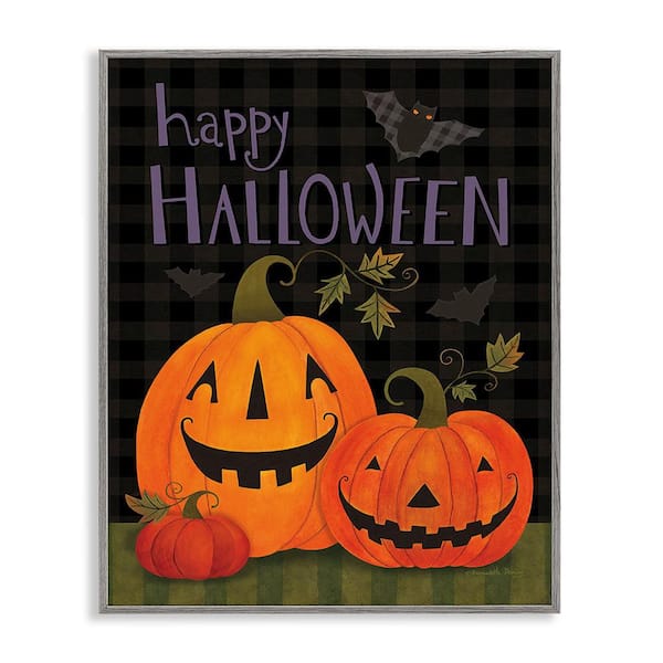 Stupell Industries Pumpkins and Bat on Plaid by Bernadette Deming 1-Piece Framed Graphic Print Typography Poster Art Print 20 in. x 16 in.
