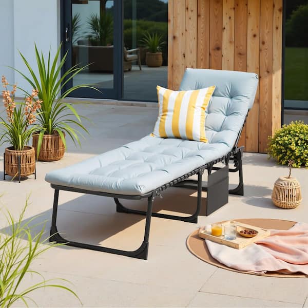 Tozey Metal Folding Outdoor Chaise Lounge with Gray Cushion, 5-Position Reclining Portable Patio Chair, Gray