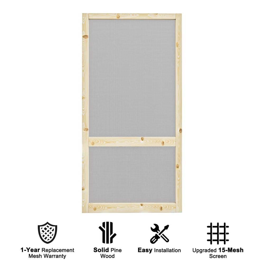 36 in. x 80 in. Universal Unfinished Solid Pine Wood Farmhouse 2 Bar Hinged Screen Door with Gauze Mesh for Courtyard