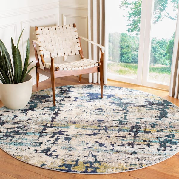 Madison Cream/Blue 7 ft. x 7 ft. Round Geometric Area Rug