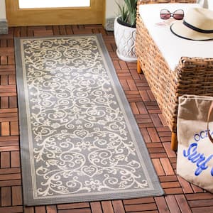 Courtyard Gray/Natural 2 ft. x 12 ft. Border Scroll Floral Indoor/Outdoor Patio  Runner Rug