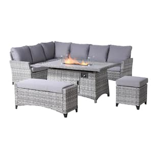 Maxwell Gray 5-Pieces Wicker Patio Fire Pit Conversation Set Outdoor Sofa with Gray Cushions
