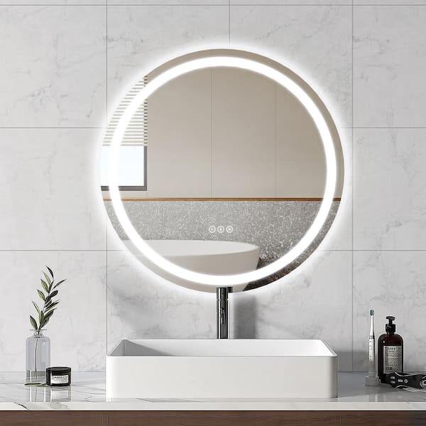 Elevatehome 28 in. W x 28 in. H Round Frameless Anti-Fog Dimmable 3CCT LED Light Modern Wall Bathroom Vanity Mirror