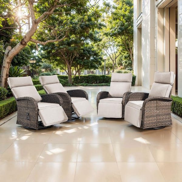 PlainCurve 4-Piece Brown Wicker Outdoor Adjustable Swivel Recliner Chair with Beige Cushions