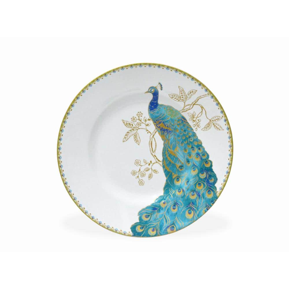 Peacock Garden White Porcelain 16-Piece Dinnerware Set with Gold Accents