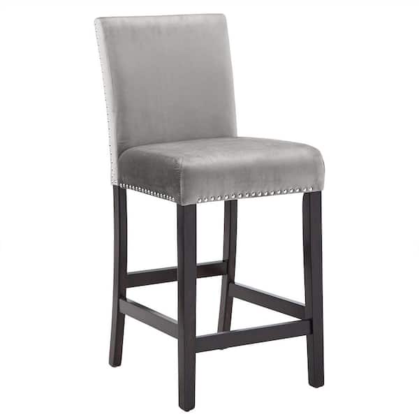 HomeSullivan 26 in. Gray Nailhead Velvet Upholstered Wood Frame Counter Height Chairs (Set Of 2)