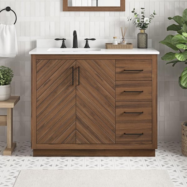 Glacier Bay Huckleberry 42 in. W x 19 in. D x 34 in. H Single Sink Bath Vanity in Spiced Walnut with White Engineered Stone Top