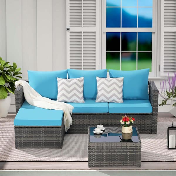 Unbranded 2-Piece Gray Wicker L-Shaped Outdoor Sectional Sofa Set with Light Blue Cushions and 1 Glass Table