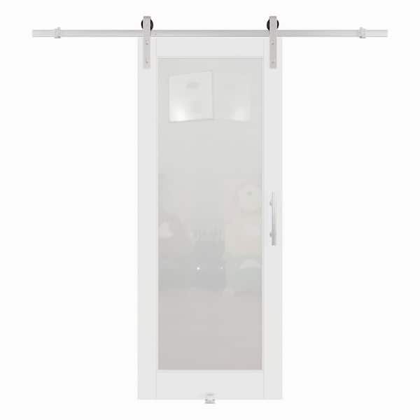 34 in. x 80 in. 1 Lite Tempered Frosted Glass White MDF Sliding Barn Door with Hardware Kit Nickel and Pantry Sticker