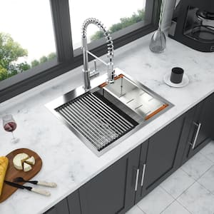 25 in. Drop-In Single Bowl 16 Gauge Brushed Nickel Stainless Steel Kitchen Sink with Bottom Grids