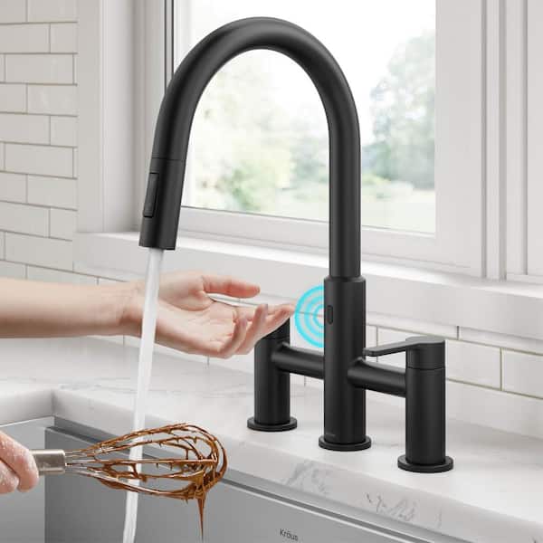 Oletto Touchless Sensor Double Handle Bridge Kitchen Faucet with Pull-Down Sprayhead in Matte Black
