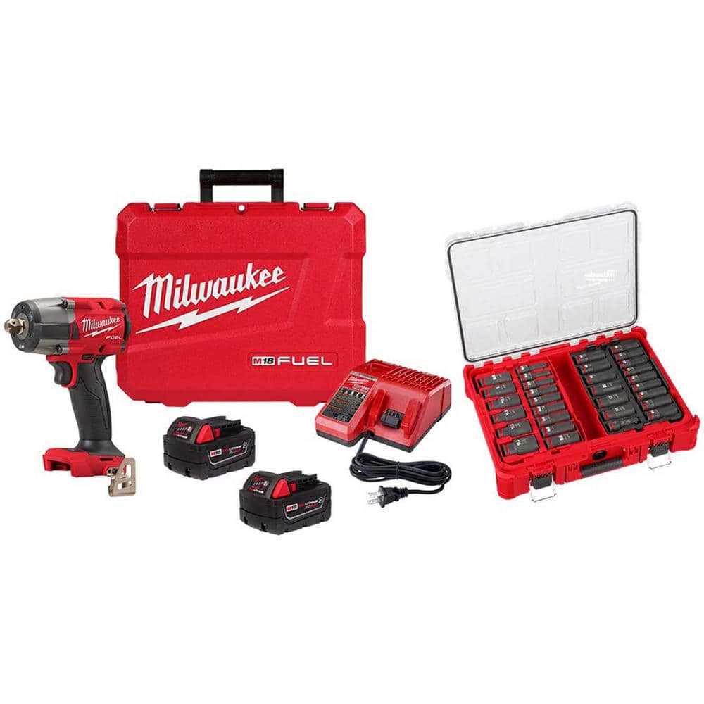 Milwaukee M18 FUEL 18V Lithium-Ion Brushless Cordless 1/2 in. Mid-Torque Impact Wrench PD Kit w/ PO SAE Metric Socket Set 31-Piece -  2962P-22R-4