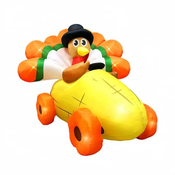 6 ft. Inflatable Turkey with Pilgrim Hat Driving Corn Car and Built-in LEDs for Fall Holiday Outdoor Use (1-Pack)