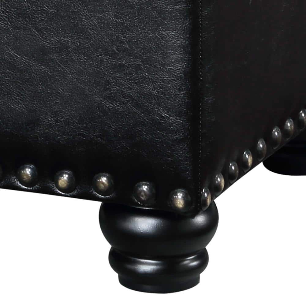Black Tufted Storage Ottoman with Nailhead Trim