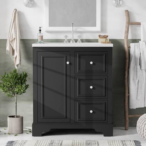 Nivencai 30 in. W Freestanding Bath Vanity in Black with White Ceramic Top and Sink, 3 Drawers