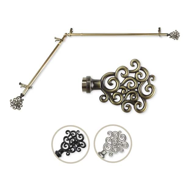 Rod Desyne 13/16" Dia Adjustable 66" to 120" Single Corner Window Curtain Rod in Antique Brass with Tidal Finials
