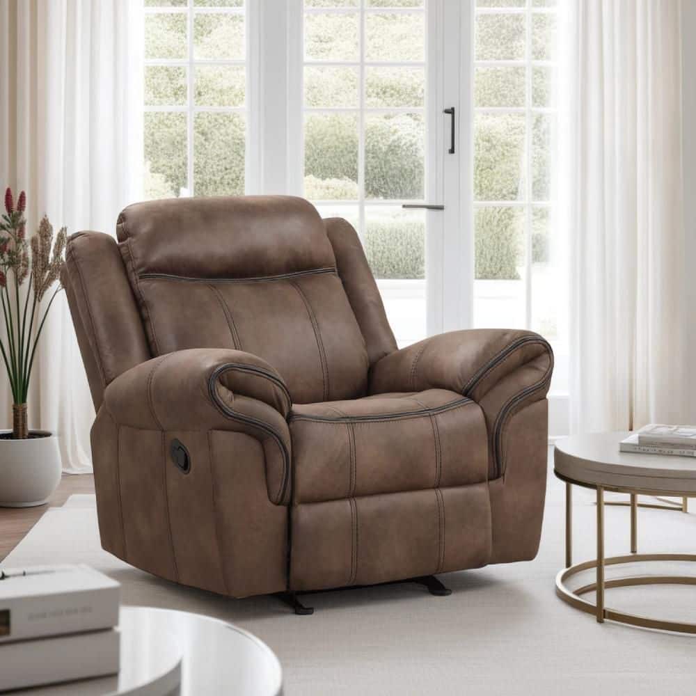 Benjara Arisa Brown and Black Faux Leather Glider Recliner Chair
