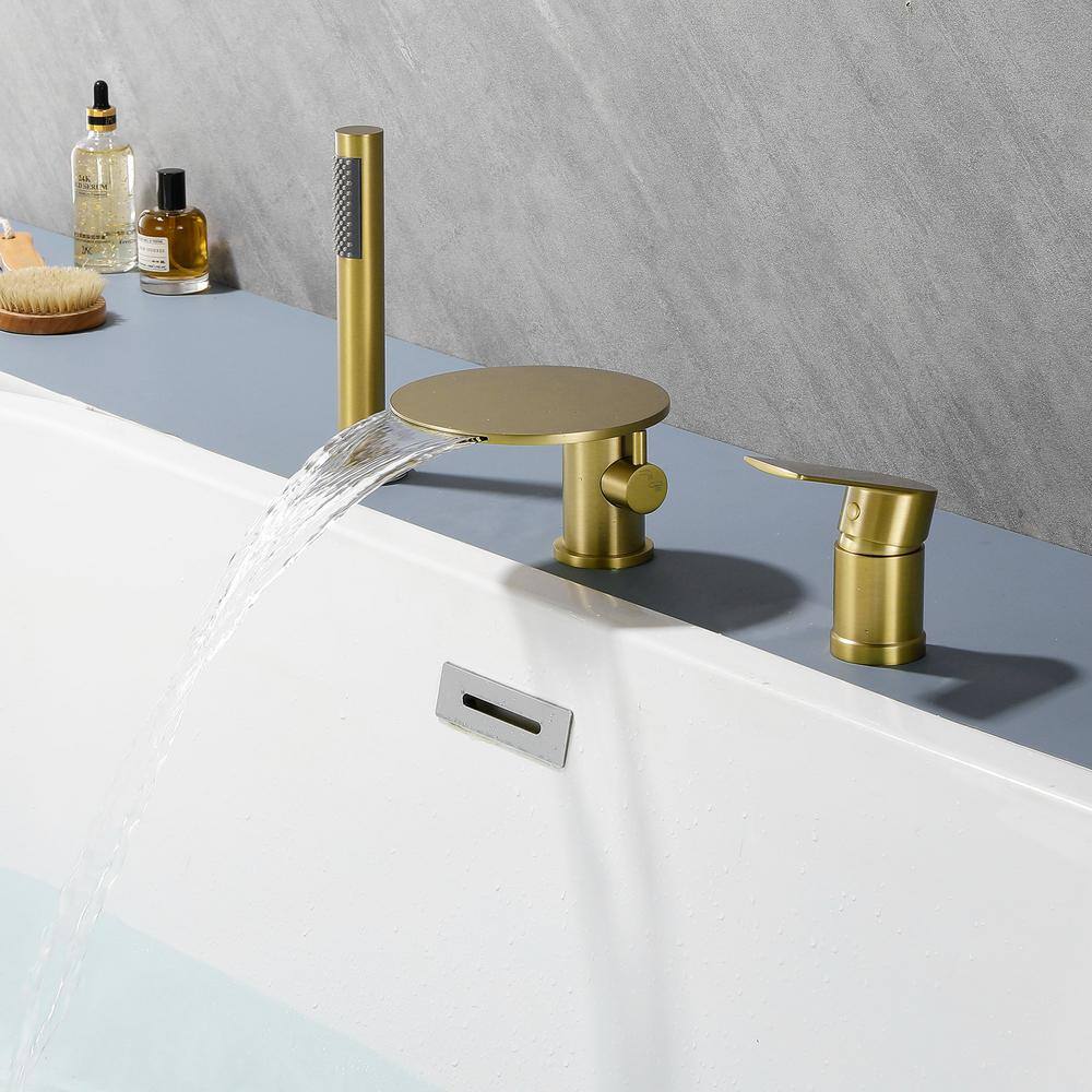 Brushed Gold Solid Brass Deck-Mounted Roman Tub Faucet with Hand Shower
