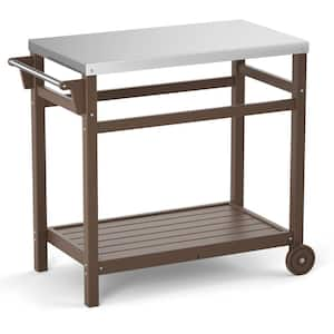 Brown Outdoor Prep Cart Movable Dining Cart Table BBQ Grill Cart