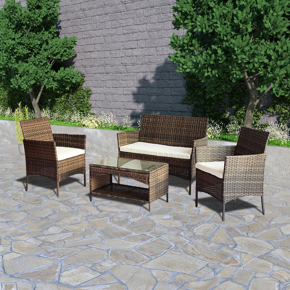 Garden 4-Piece Brown Wicker Outdoor Conversation Set with Beige Cushions price history on PriceWatchPro