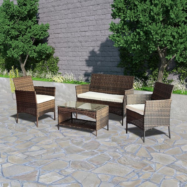 Tunearary Garden 4-Piece Brown Wicker Outdoor Conversation Set with Beige Cushions