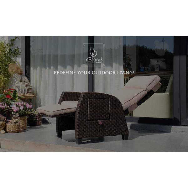 Beige Cushion and Integrated Side Table Mocha Brown Grand Patio Indoor & Outdoor Recliner with All-Weather Wicker