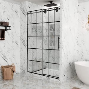 48 in. W x 76 in. H Sliding Frameless Shower Door in Matte Black with Tempering Grid Glass (Right Side Opening)