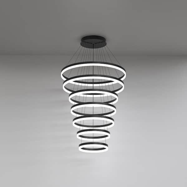 7-Light Ring Black Commercial Modern LED Chandelier, Dimmable Pendant Lighting for Hotel Lobby, Reception, High Ceilings