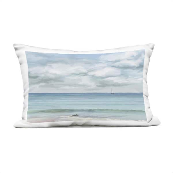Tranquil Cloudy Beach View Blue Rectangular Outdoor Throw Pillow