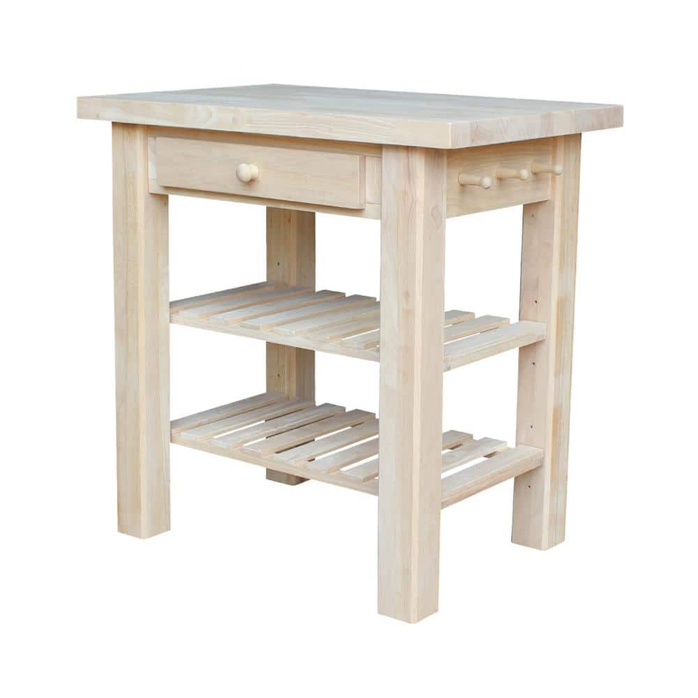 Natural Unfinished Parawood Kitchen Island with Drawer and Shelves