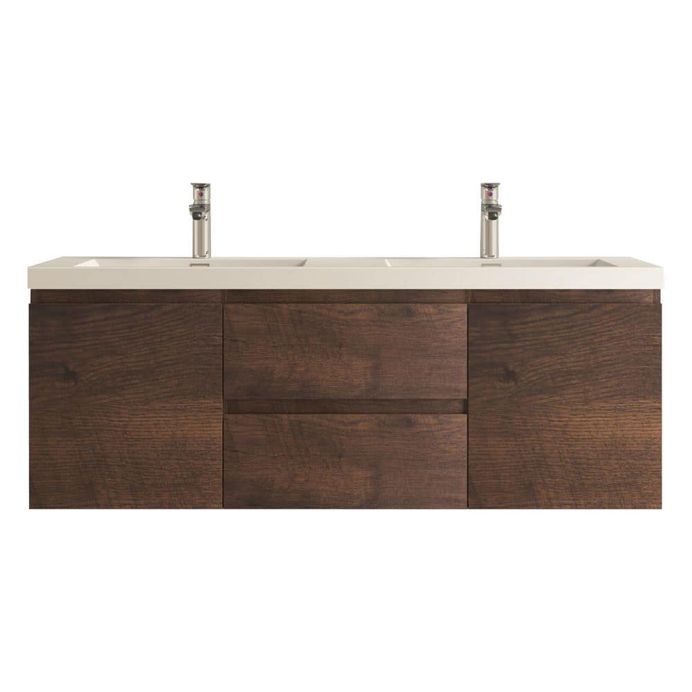 Angela 60 in. Double Rose Wood Bath Vanity Wall-Mounted Floating Vanities with Gloss White Resin Stone Top 2-Drawers price history on PriceWatchPro