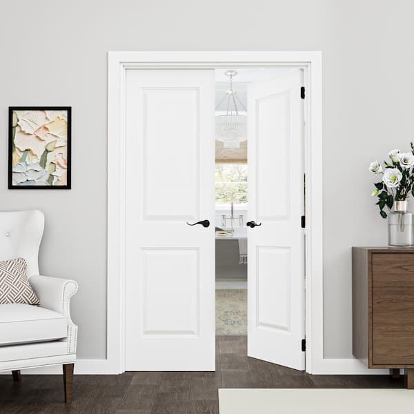 48 in. x 80 in. 2-Panel Universal-Handed White Hollow Core Wood Double Prehung French Door+ Quick Assemble Jamb