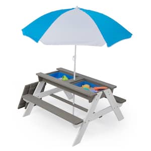 37in.Gray Rectanglar Wood 3-in-1 Kids Wood Picnic Table With Umbrella for Activity Center,Beach,Convertible Sand & Water