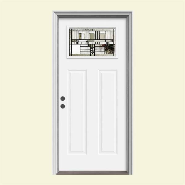 JELD-WEN 36 in. x 80 in. 1 Lite Craftsman Oak Park White Painted Steel Prehung Right-Hand Inswing Front Door w/Brickmould