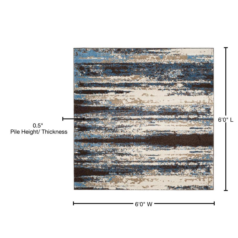 Cream and Blue Abstract Hand-Knotted Shag Rug, 6' x 6'
