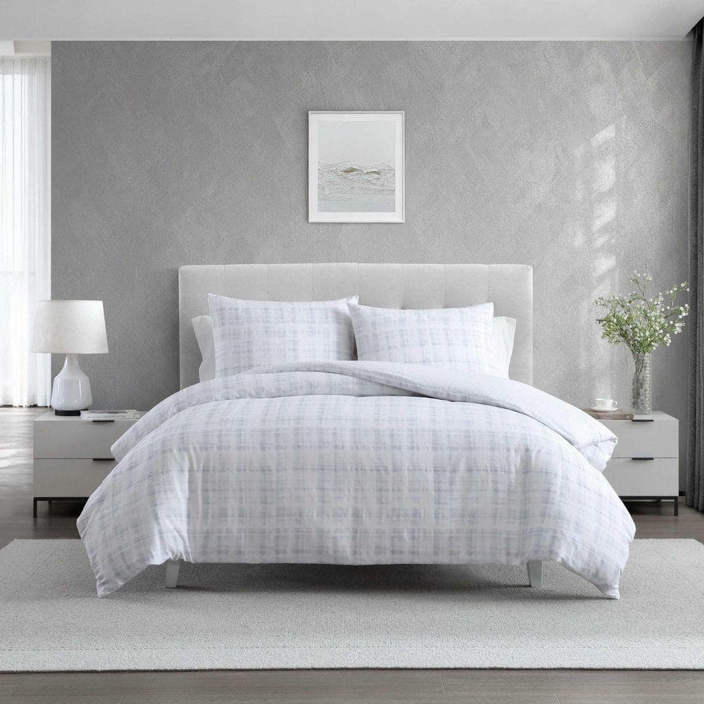 VERA WANG Blurred Plaid 3-Piece Feather Blue/Whte Cotton Sateen