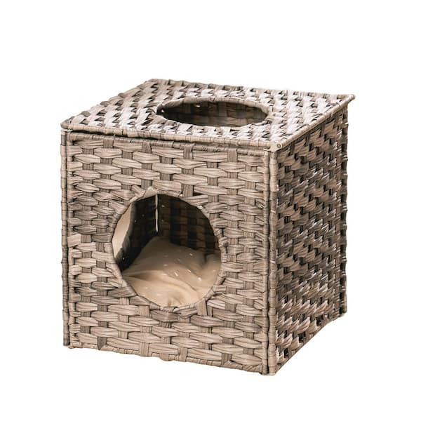 maocao hoom Rattan Cat Litter, Cat Bed with Rattan Ball and Cushion in Grey