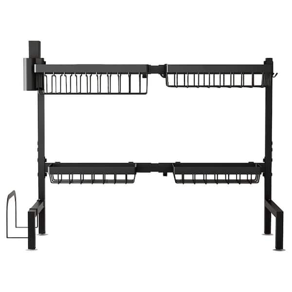 Black Adjustable Over Sink Dish Rack 2-Tier Rustproof Storage for Kitchen Sinks with Multifunction Baskets