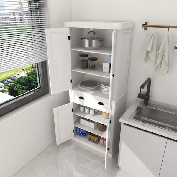 Otryad Kitchen Pantry Storage Cabinet, with 4-Doors, Drawer, 2-Adjustable Shelves, Freestanding Cupboard in White