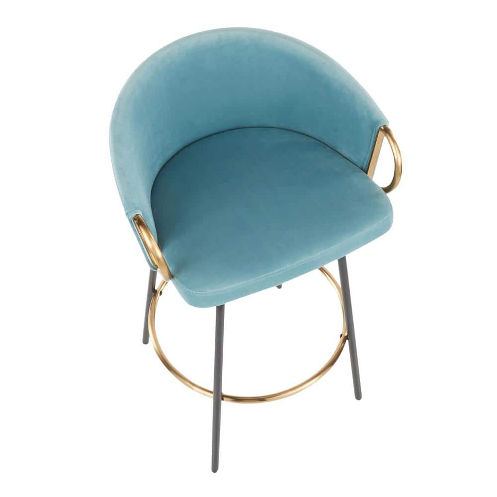 Claire Light Blue Velvet Swivel Counter Stools with Gold Accents