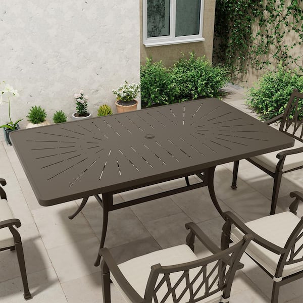 72 in. W x 42 in. D Brown Cast Aluminum Outdoor Patio Rectangular Dining Table with Retro Table Top and Umbrella Hole