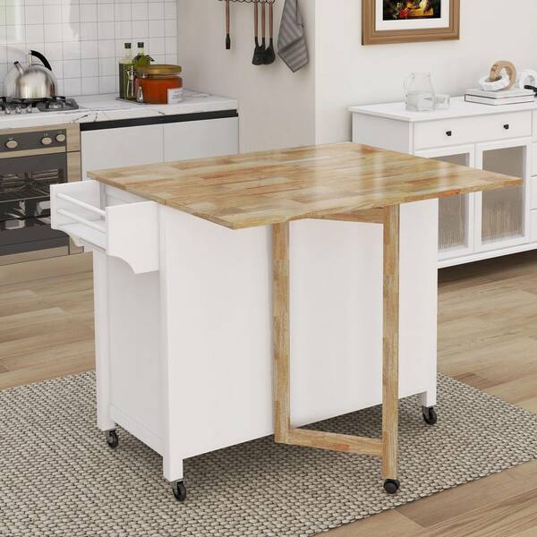 White Folding Large Sewing Table Storage Shelves Storage Cabinet Kitchen  Cart with Lockable Casters