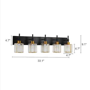 Orillia 33.07 in. 5-Light Black and Gold Crystal Bathroom Vanity Light with Round Shades for Bathroom Powder Room