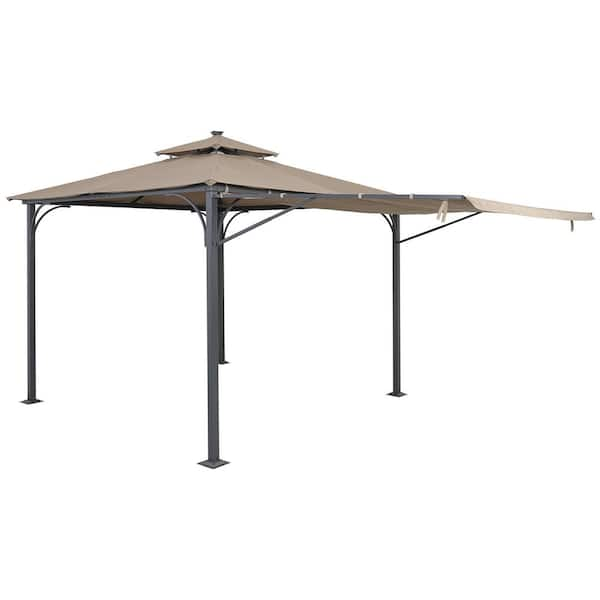 Cesicia Outdoor Patio 9.8 ft. x 9.8 ft. Metal Gazebo with Extended Side Shed/Awning and LED Light for Backyard in Brown