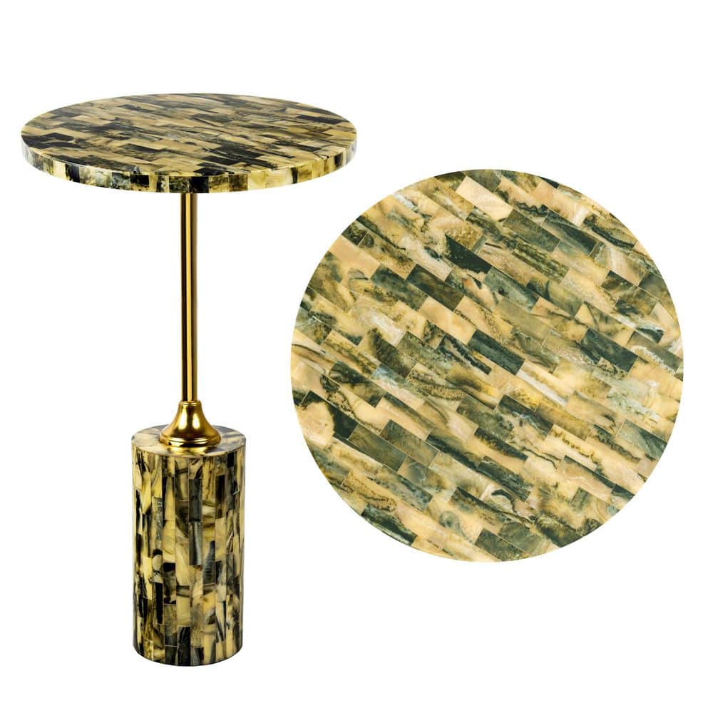 Hedda 23.5 in. Contemporary Glam Metal/Resin Faux Stone Round End Table, Yellow/Black