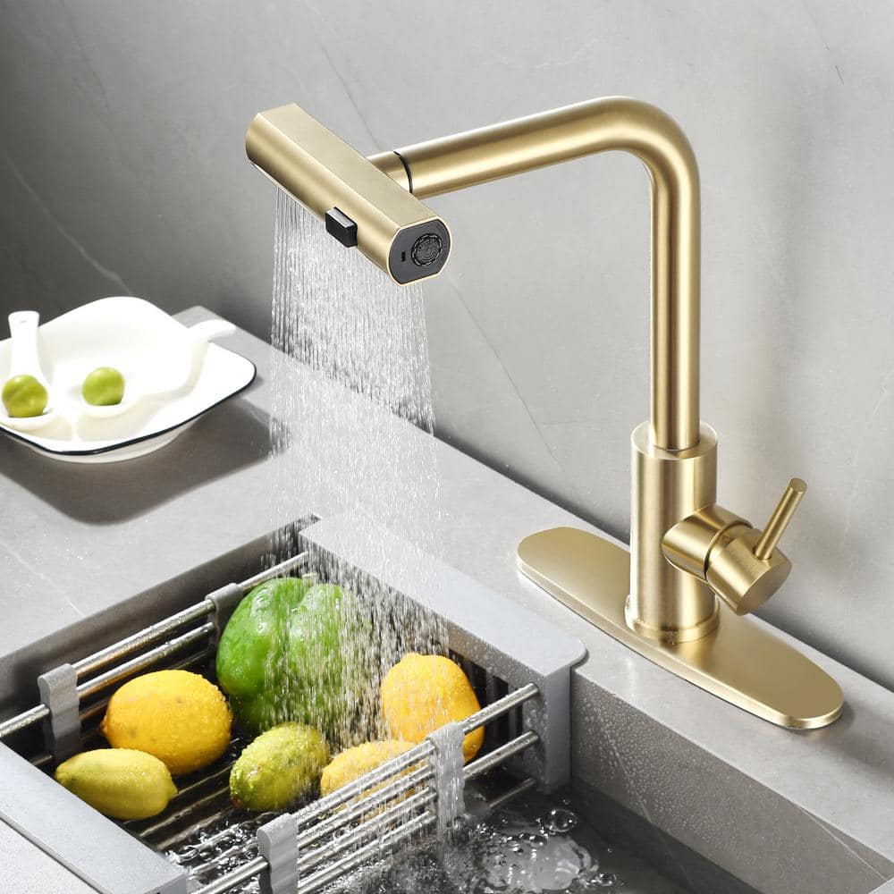 Brushed Gold Stainless Steel High-Arc Kitchen Faucet with Pull-Out Spray