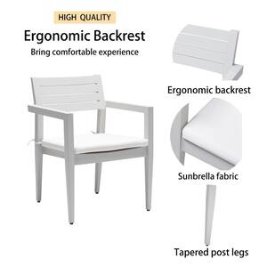 Light Gray Aluminum Frame Outdoor Patio Ergonomic Dining Chair with White Cushions (4-Pack)