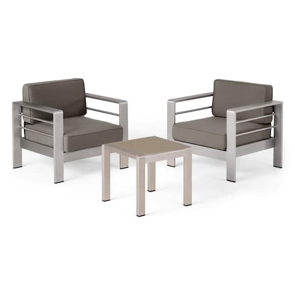 Noble House Cape Coral Silver 3-Piece Aluminum Outdoor Patio Conversation Set with Khaki Cushions