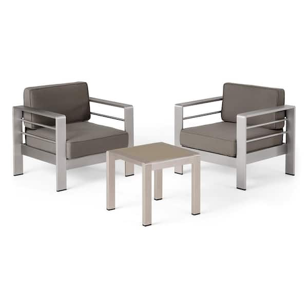 Noble House Cape Coral Silver 3-Piece Aluminum Patio Conversation Set with Khaki Cushions