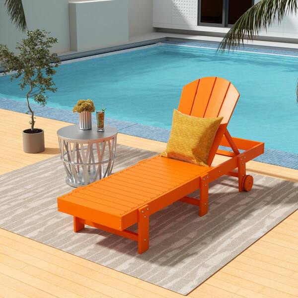 Laguna Orange HDPE Plastic Outdoor Adjustable Adirondack Chaise Lounger With Wheels